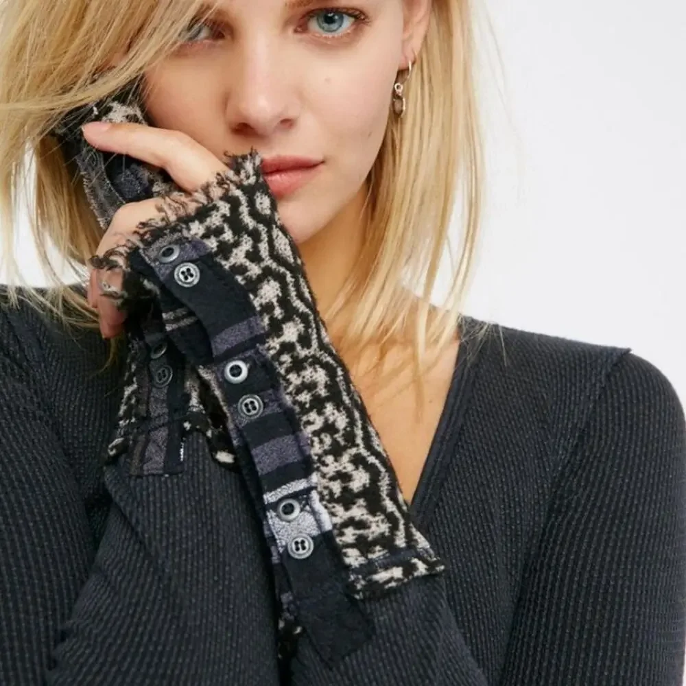 Free People We The Free Art School Cotton Blend Thermal Snap Button Cuff Blouse